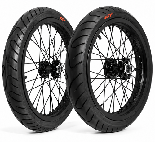Complete 17in Emoto Super Moto Wheelset (Chrome/Black) - 79Bike/Surron/Eride/Ventus